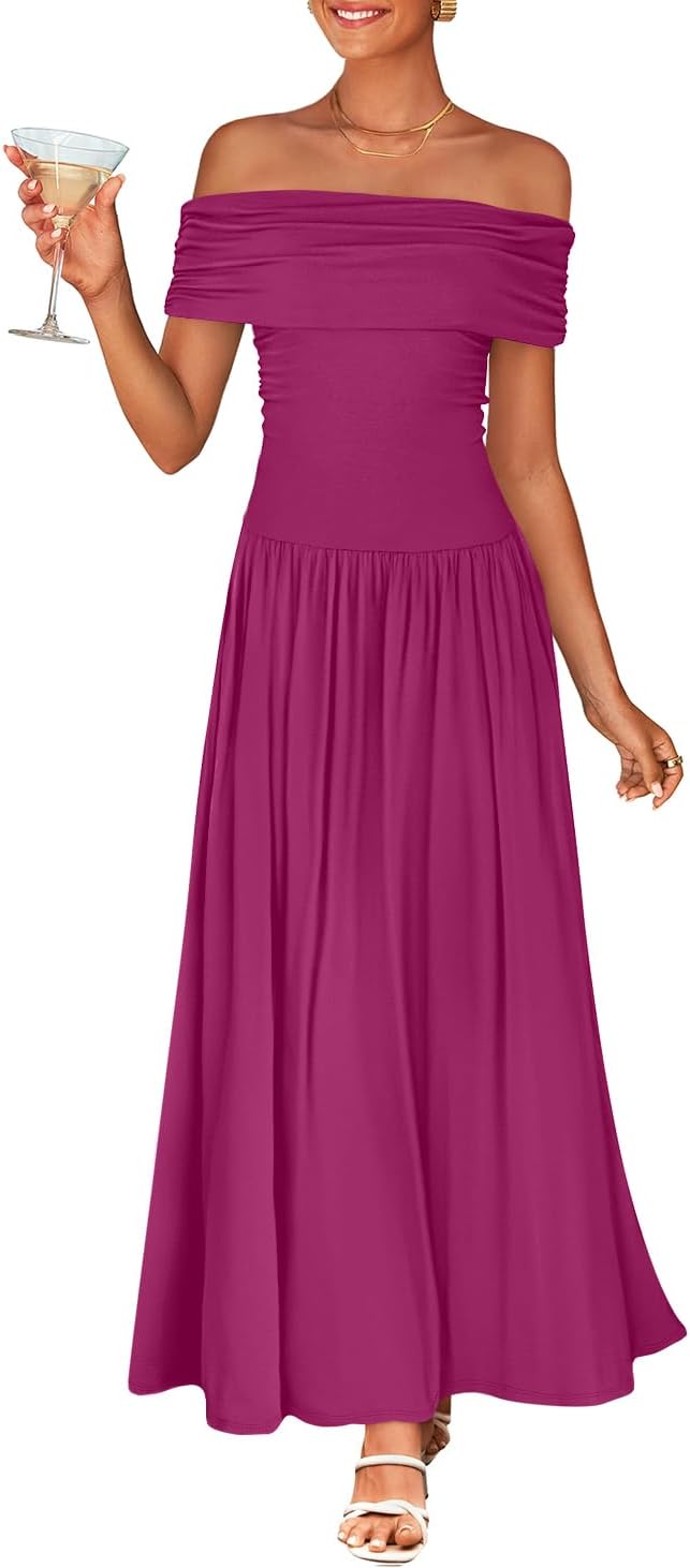 ZESICA Womens Off Shoulder A Line Wedding Guest Maxi Dress | Sleeveless, Slim Fit Swing Pleated, 2026 Summer Trendy, Formal Wedding Guest Cocktail Party, Work Graduation Date Night