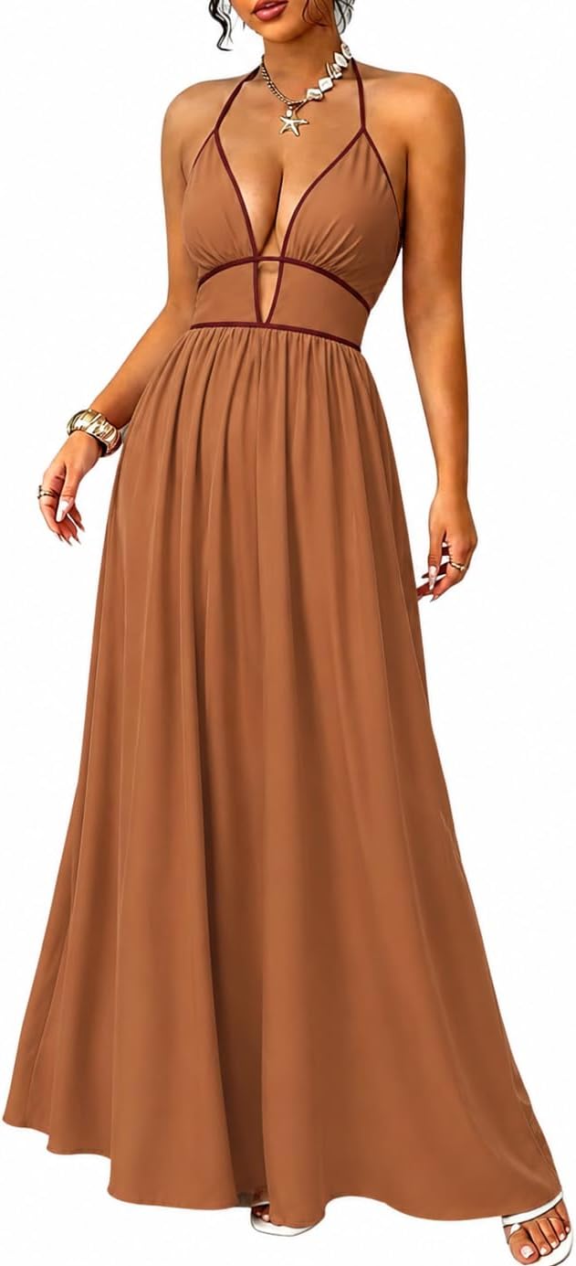 Women's Summer Sleeveless Striped Smocked Flowy Swing Maxi Halter V Neck A Line Casual Long Beach Vacation Dresses