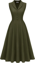 BeryLove Vintage 1950s Midi Cocktail Dresses for Women Wedding Guest Classy | Sleeveless Button Down Dress with Pockets, Notch Lapel, A-Line, Retro 1940s Style, Business Casual Wear, Tea Party, Prom