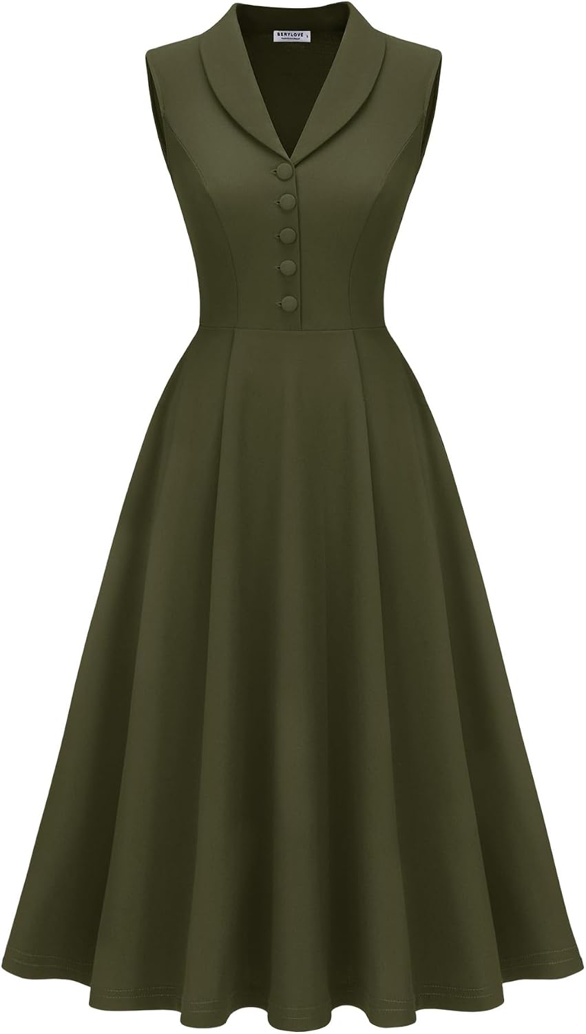 BeryLove Vintage 1950s Midi Cocktail Dresses for Women Wedding Guest Classy | Sleeveless Button Down Dress with Pockets, Notch Lapel, A-Line, Retro 1940s Style, Business Casual Wear, Tea Party, Prom