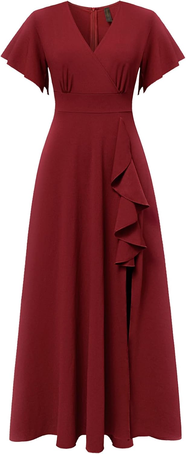 COOAN Women's Black Long Formal Dresses Cocktail Wedding Guest Dress Ruffle Split Elegant V Neck Party Gowns