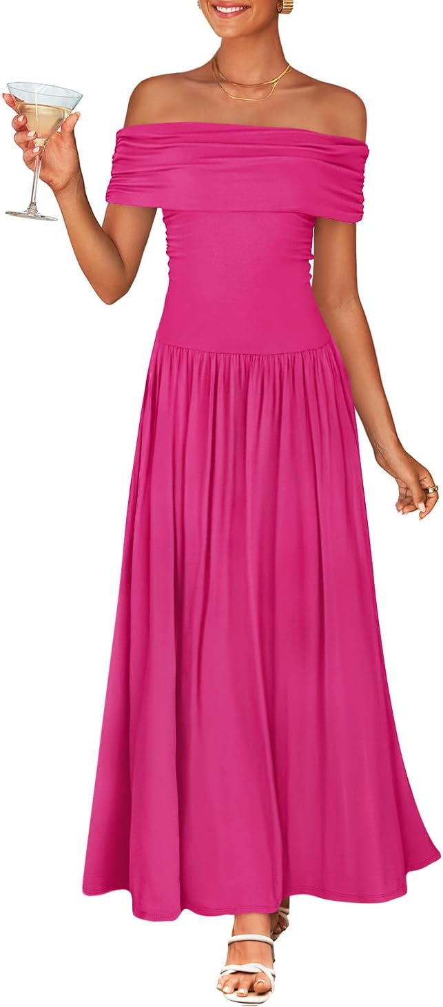 ZESICA Womens Off Shoulder A Line Wedding Guest Maxi Dress | Sleeveless, Slim Fit Swing Pleated, 2026 Summer Trendy, Formal Wedding Guest Cocktail Party, Work Graduation Date Night