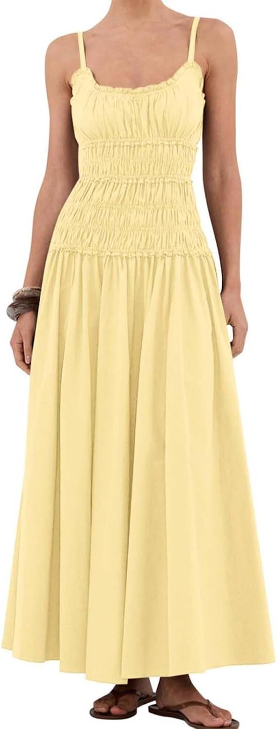 Eahusar Women Spaghetti Strap Maxi Dress Sleeveless Scoop Neck Ruffle Tiered Elastic Casual Boho Flowy Dress