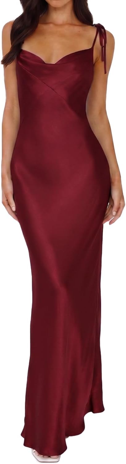 UEZOU 2026 Satin Cowl Neck Spaghetti Strap Maxi Dress for Women Bridesmaid | Silk,Tie Strap,Slip,Slit,Midi,Wedding Guest,Graduation,Elegant,Cocktail,Vacation,Party