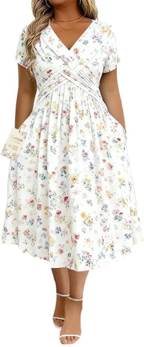 2026 Women's V-Neck Floral Print Dress with Twist Waist and Side Pockets | Twist Front Dress Soft Floral Midi with V-Neck A-Line Skirt and Side Pockets for Brunch Vacations Parties and Everyday Wear