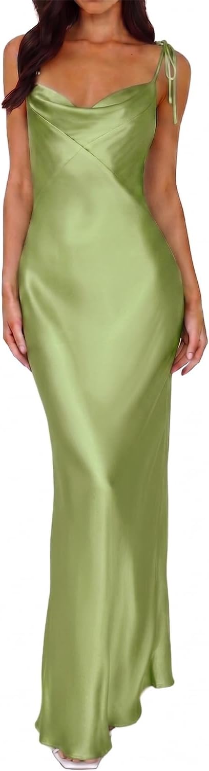 UEZOU 2026 Satin Cowl Neck Spaghetti Strap Maxi Dress for Women Bridesmaid | Silk,Tie Strap,Slip,Slit,Midi,Wedding Guest,Graduation,Elegant,Cocktail,Vacation,Party
