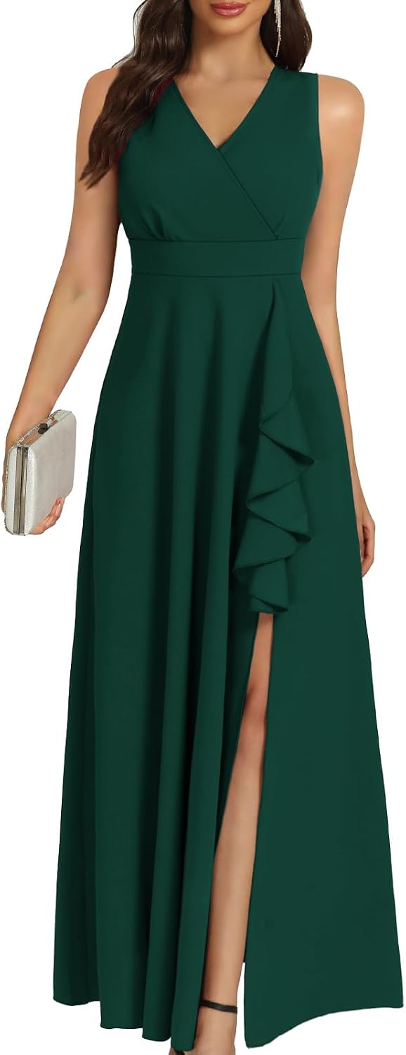 COOAN Women's Black Long Formal Dresses Cocktail Wedding Guest Dress Ruffle Split Elegant V Neck Party Gowns