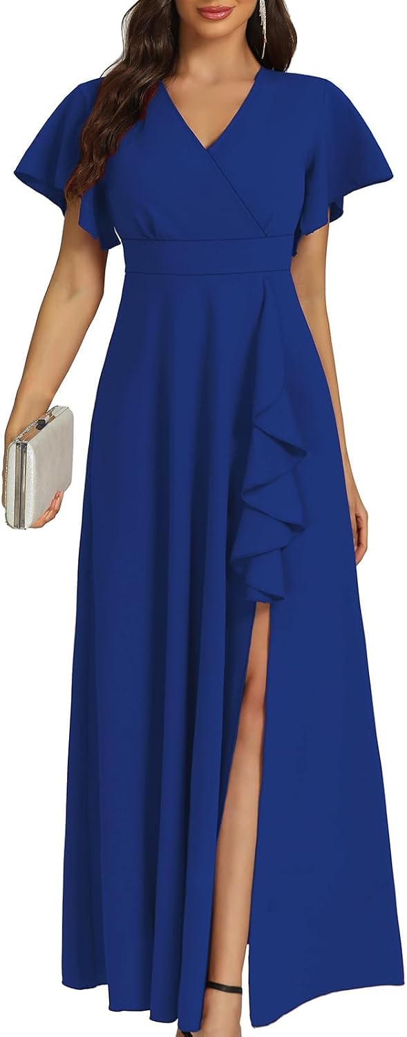 COOAN Women's Black Long Formal Dresses Cocktail Wedding Guest Dress Ruffle Split Elegant V Neck Party Gowns