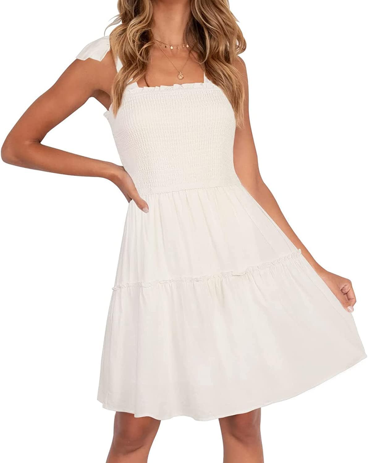 ZESICA Womens Summer Spaghetti Strap Sleeveless Mini Dress | Square Neck, Ruffle Hem, A-Line, Flowy Swing Dress, Sun Dress, Wedding Guest Short Dress