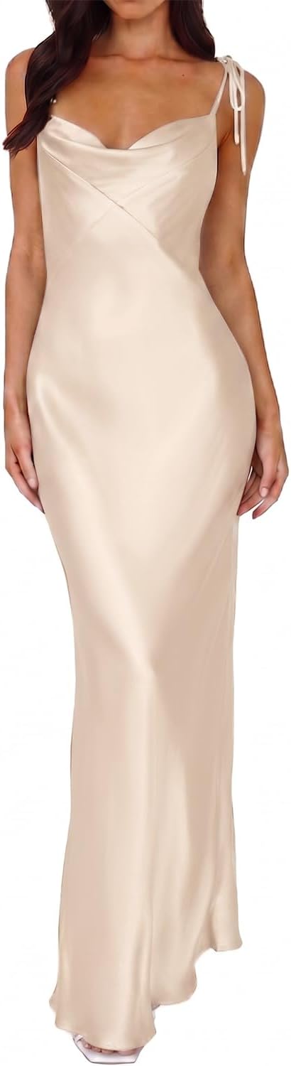UEZOU 2026 Satin Cowl Neck Spaghetti Strap Maxi Dress for Women Bridesmaid | Silk,Tie Strap,Slip,Slit,Midi,Wedding Guest,Graduation,Elegant,Cocktail,Vacation,Party