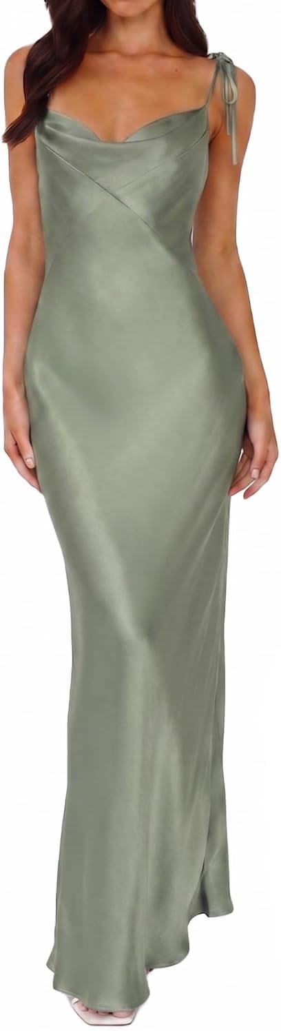 UEZOU 2026 Satin Cowl Neck Spaghetti Strap Maxi Dress for Women Bridesmaid | Silk,Tie Strap,Slip,Slit,Midi,Wedding Guest,Graduation,Elegant,Cocktail,Vacation,Party