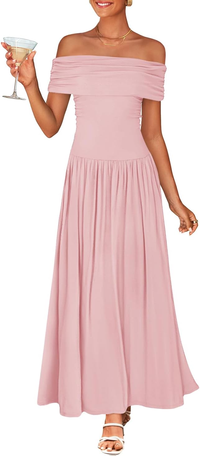 ZESICA Womens Off Shoulder A Line Wedding Guest Maxi Dress | Sleeveless, Slim Fit Swing Pleated, 2026 Summer Trendy, Formal Wedding Guest Cocktail Party, Work Graduation Date Night