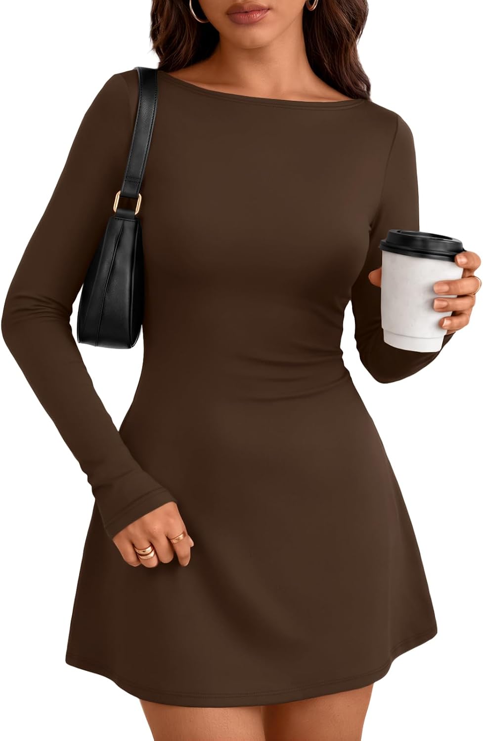 Trendy Queen Womens 2026 Fall Mini Dresses Long Sleeve Bodycon Y2K Dress | Elegant Boat Neck, Classic Polka Dot, Winter Fashion Staple, Chic Going Out Outfits, Cocktail Party Date Night Clothes