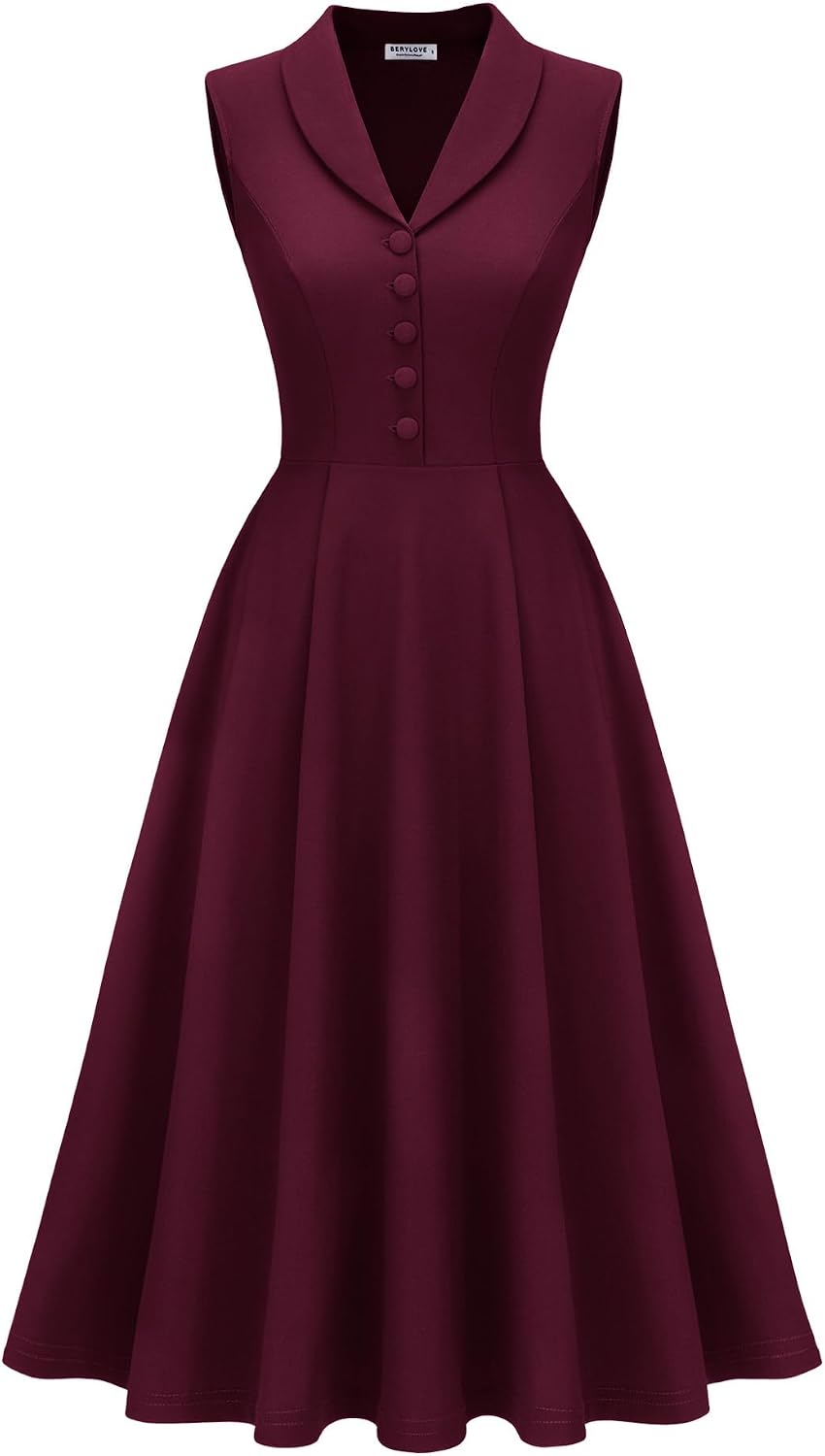 BeryLove Vintage 1950s Midi Cocktail Dresses for Women Wedding Guest Classy | Sleeveless Button Down Dress with Pockets, Notch Lapel, A-Line, Retro 1940s Style, Business Casual Wear, Tea Party, Prom