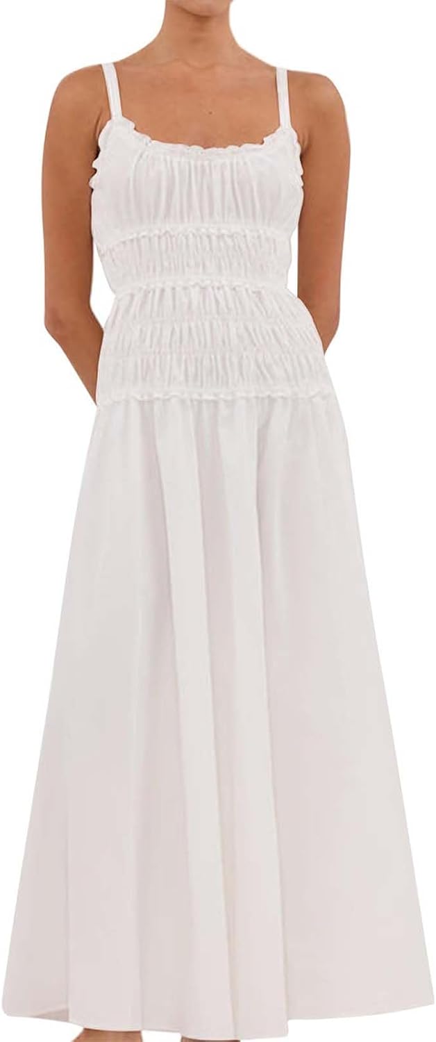 Eahusar Women Spaghetti Strap Maxi Dress Sleeveless Scoop Neck Ruffle Tiered Elastic Casual Boho Flowy Dress