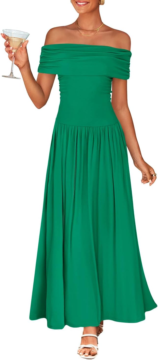 ZESICA Womens Off Shoulder A Line Wedding Guest Maxi Dress | Sleeveless, Slim Fit Swing Pleated, 2026 Summer Trendy, Formal Wedding Guest Cocktail Party, Work Graduation Date Night