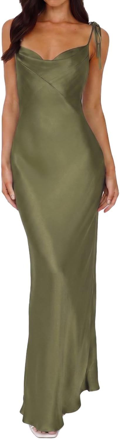 UEZOU 2026 Satin Cowl Neck Spaghetti Strap Maxi Dress for Women Bridesmaid | Silk,Tie Strap,Slip,Slit,Midi,Wedding Guest,Graduation,Elegant,Cocktail,Vacation,Party