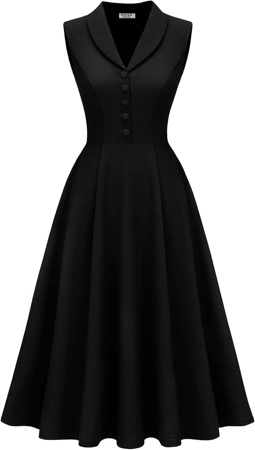 BeryLove Vintage 1950s Midi Cocktail Dresses for Women Wedding Guest Classy | Sleeveless Button Down Dress with Pockets, Notch Lapel, A-Line, Retro 1940s Style, Business Casual Wear, Tea Party, Prom