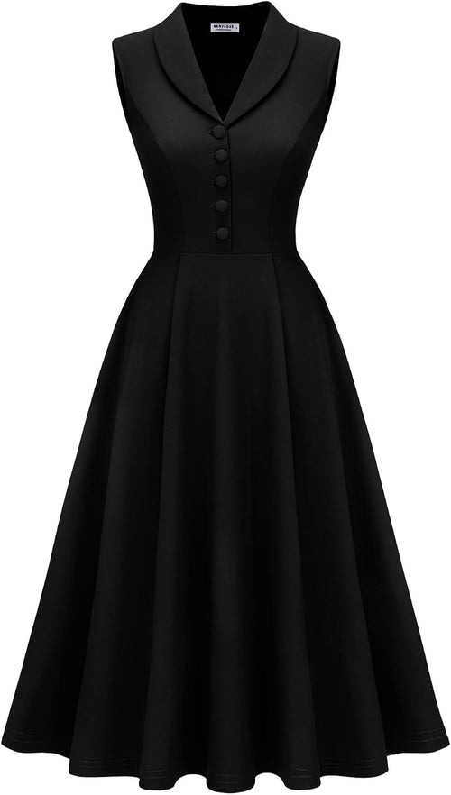 BeryLove Vintage 1950s Midi Cocktail Dresses for Women Wedding Guest Classy | Sleeveless Button Down Dress with Pockets, Notch Lapel, A-Line, Retro 1940s Style, Business Casual Wear, Tea Party, Prom