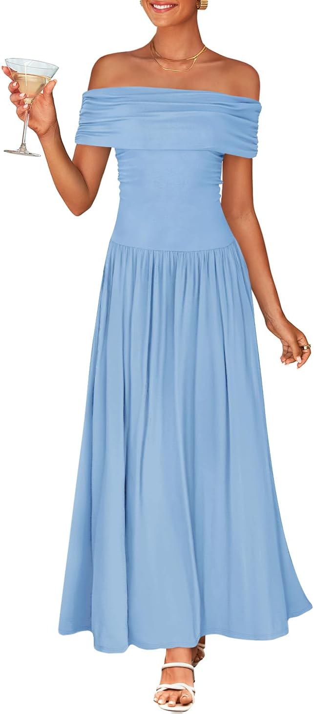 ZESICA Womens Off Shoulder A Line Wedding Guest Maxi Dress | Sleeveless, Slim Fit Swing Pleated, 2026 Summer Trendy, Formal Wedding Guest Cocktail Party, Work Graduation Date Night