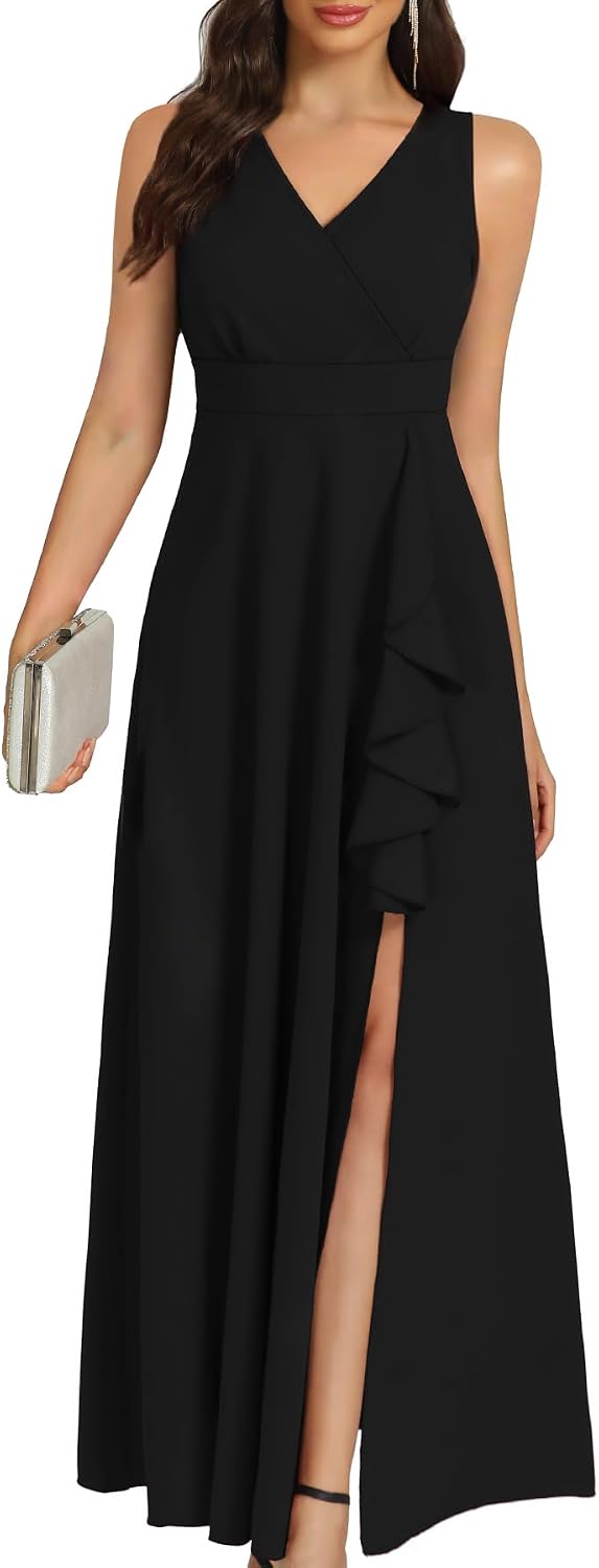 COOAN Women's Black Long Formal Dresses Cocktail Wedding Guest Dress Ruffle Split Elegant V Neck Party Gowns
