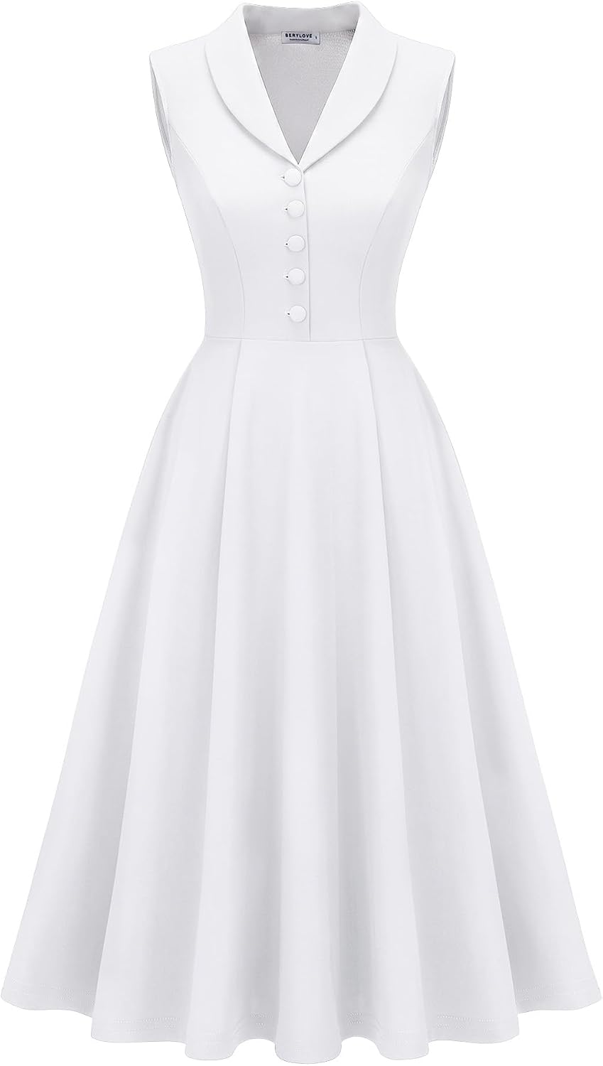 BeryLove Vintage 1950s Midi Cocktail Dresses for Women Wedding Guest Classy | Sleeveless Button Down Dress with Pockets, Notch Lapel, A-Line, Retro 1940s Style, Business Casual Wear, Tea Party, Prom