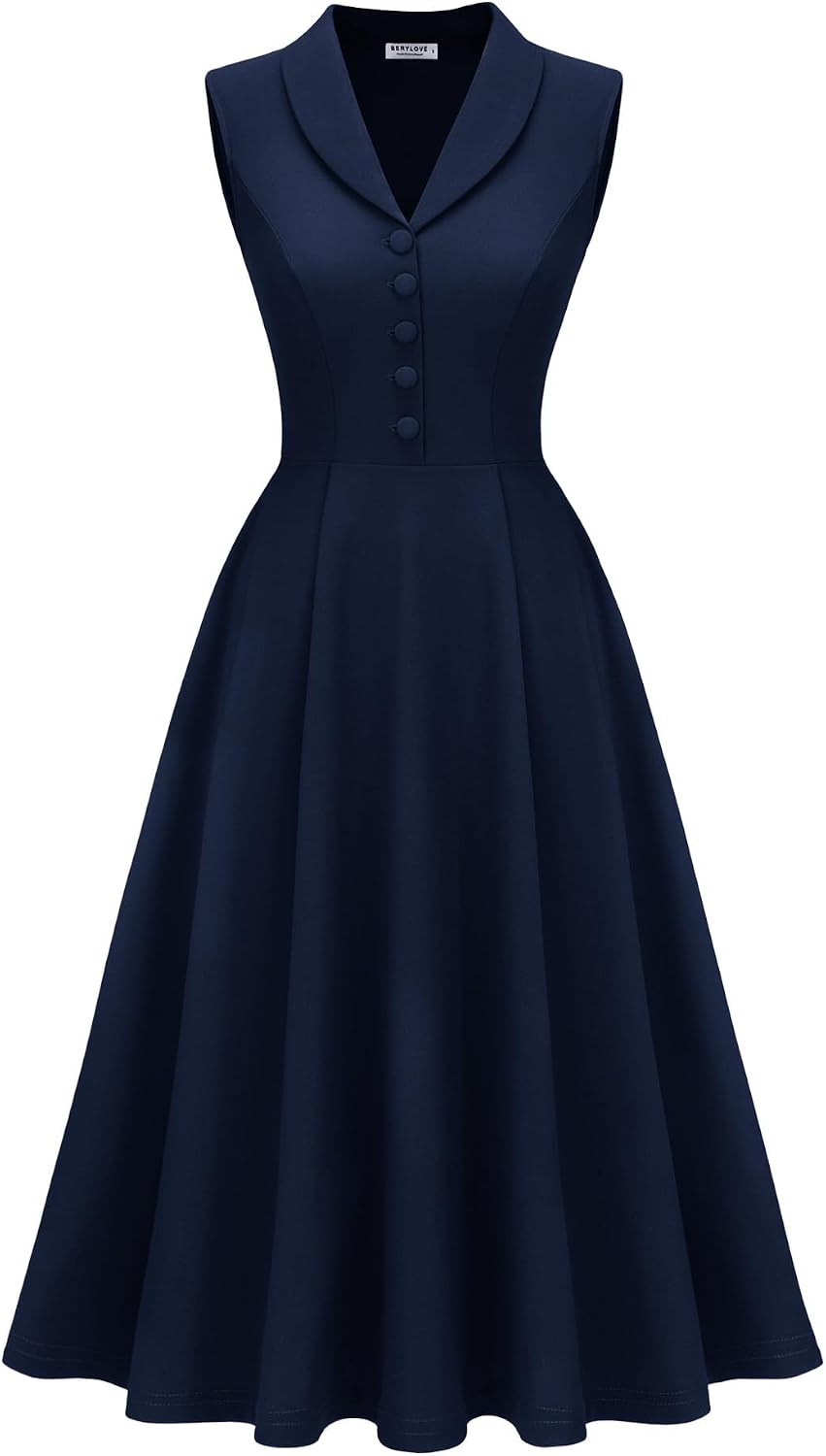 BeryLove Vintage 1950s Midi Cocktail Dresses for Women Wedding Guest Classy | Sleeveless Button Down Dress with Pockets, Notch Lapel, A-Line, Retro 1940s Style, Business Casual Wear, Tea Party, Prom