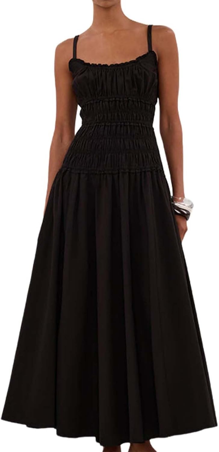 Eahusar Women Spaghetti Strap Maxi Dress Sleeveless Scoop Neck Ruffle Tiered Elastic Casual Boho Flowy Dress