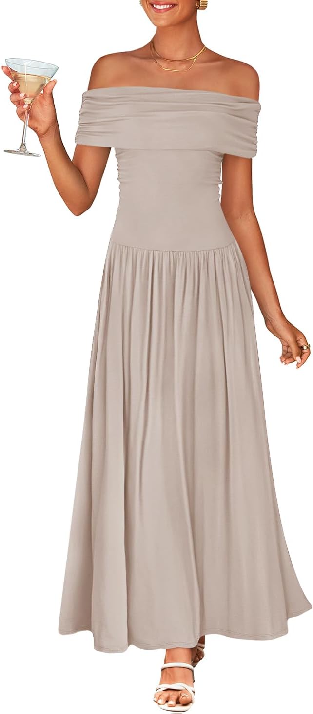 ZESICA Womens Off Shoulder A Line Wedding Guest Maxi Dress | Sleeveless, Slim Fit Swing Pleated, 2026 Summer Trendy, Formal Wedding Guest Cocktail Party, Work Graduation Date Night