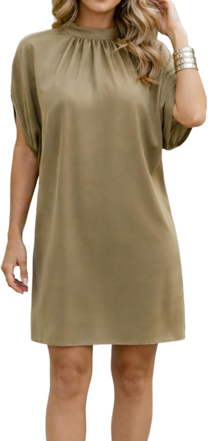 BPJZIM Women's Mock Neck Satin Mini Dress 2026 Short Sleeve Cocktail Dress | Elegant Satin Fabric, Relaxed Fit, Short Sleeves, Cocktail and Wedding Guest Wear, Spring Summer Occasions, Mini Length