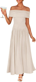 ZESICA Womens Off Shoulder A Line Wedding Guest Maxi Dress | Sleeveless, Slim Fit Swing Pleated, 2026 Summer Trendy, Formal Wedding Guest Cocktail Party, Work Graduation Date Night