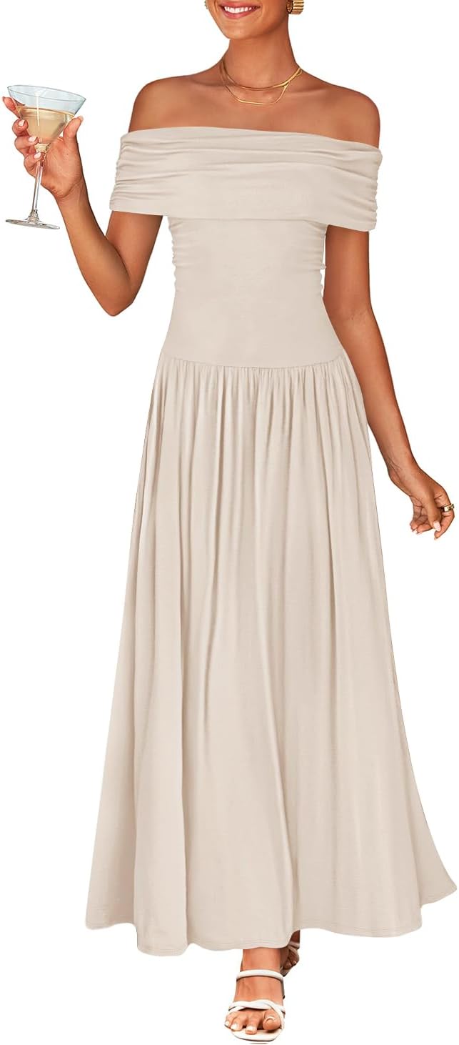 ZESICA Womens Off Shoulder A Line Wedding Guest Maxi Dress | Sleeveless, Slim Fit Swing Pleated, 2026 Summer Trendy, Formal Wedding Guest Cocktail Party, Work Graduation Date Night