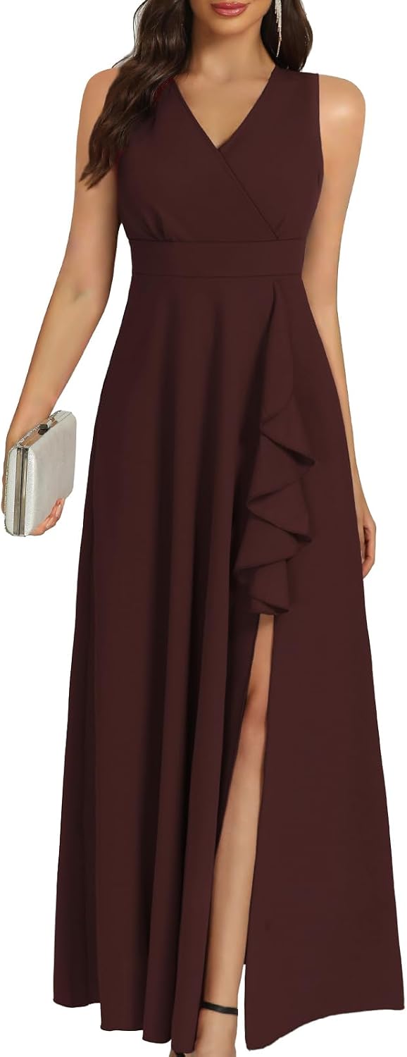 COOAN Women's Black Long Formal Dresses Cocktail Wedding Guest Dress Ruffle Split Elegant V Neck Party Gowns