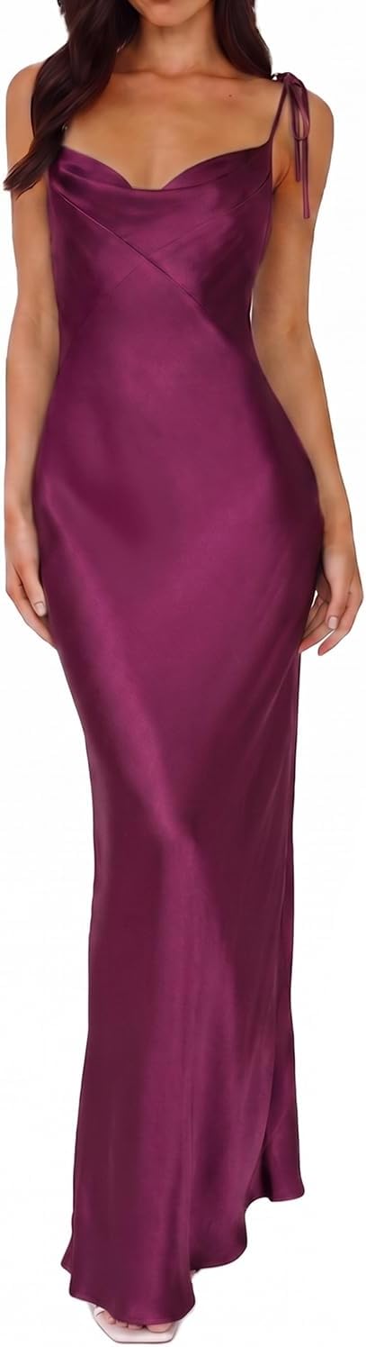 UEZOU 2026 Satin Cowl Neck Spaghetti Strap Maxi Dress for Women Bridesmaid | Silk,Tie Strap,Slip,Slit,Midi,Wedding Guest,Graduation,Elegant,Cocktail,Vacation,Party