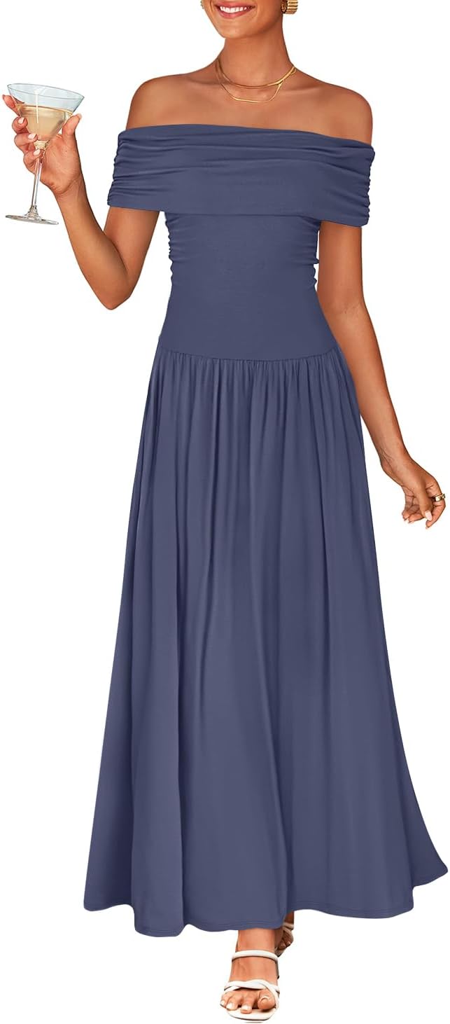 ZESICA Womens Off Shoulder A Line Wedding Guest Maxi Dress | Sleeveless, Slim Fit Swing Pleated, 2026 Summer Trendy, Formal Wedding Guest Cocktail Party, Work Graduation Date Night