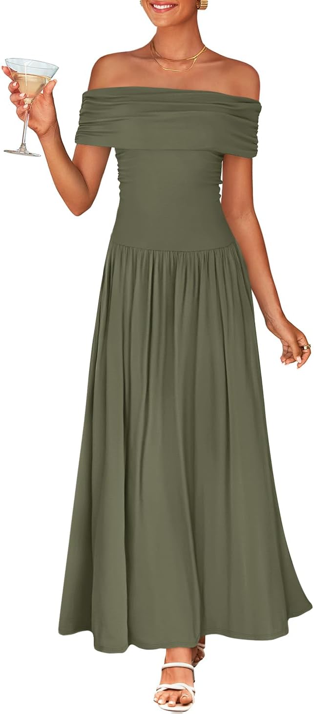 ZESICA Womens Off Shoulder A Line Wedding Guest Maxi Dress | Sleeveless, Slim Fit Swing Pleated, 2026 Summer Trendy, Formal Wedding Guest Cocktail Party, Work Graduation Date Night