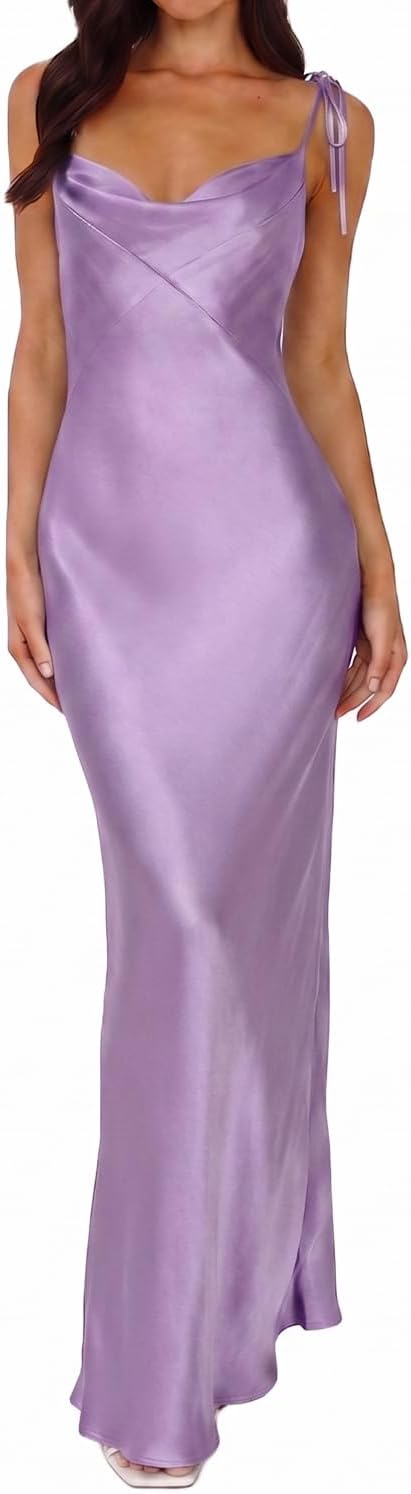 UEZOU 2026 Satin Cowl Neck Spaghetti Strap Maxi Dress for Women Bridesmaid | Silk,Tie Strap,Slip,Slit,Midi,Wedding Guest,Graduation,Elegant,Cocktail,Vacation,Party