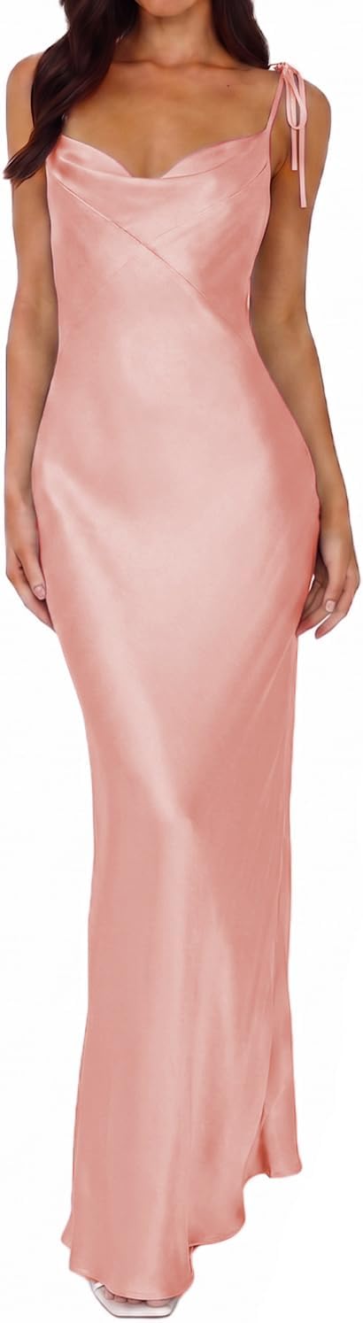 UEZOU 2026 Satin Cowl Neck Spaghetti Strap Maxi Dress for Women Bridesmaid | Silk,Tie Strap,Slip,Slit,Midi,Wedding Guest,Graduation,Elegant,Cocktail,Vacation,Party