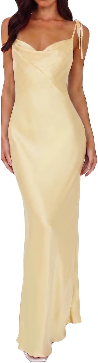 UEZOU 2026 Satin Cowl Neck Spaghetti Strap Maxi Dress for Women Bridesmaid | Silk,Tie Strap,Slip,Slit,Midi,Wedding Guest,Graduation,Elegant,Cocktail,Vacation,Party
