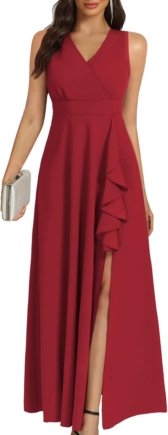 COOAN Women's Black Long Formal Dresses Cocktail Wedding Guest Dress Ruffle Split Elegant V Neck Party Gowns