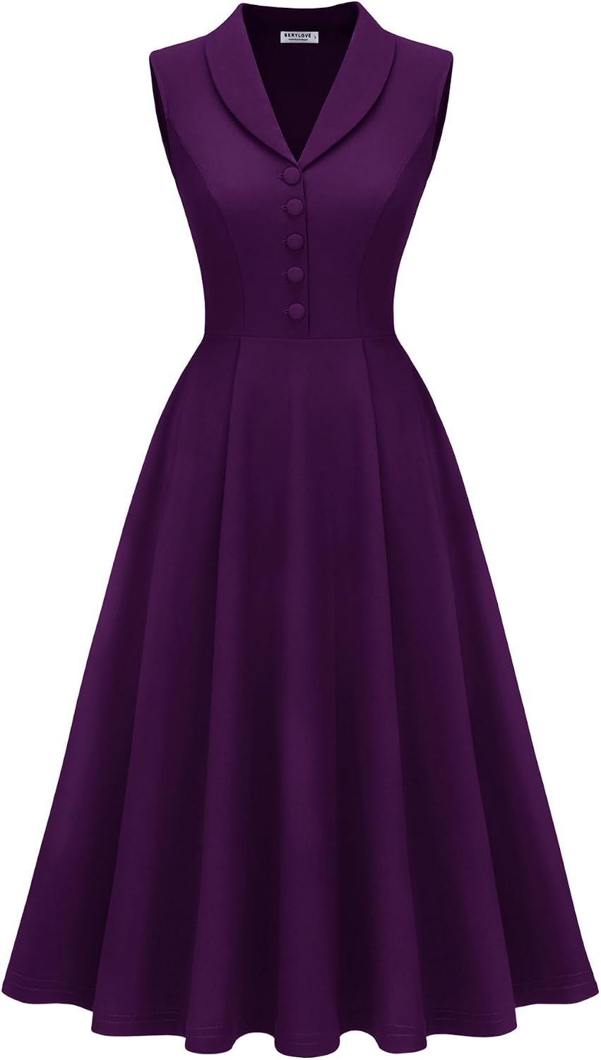 BeryLove Vintage 1950s Midi Cocktail Dresses for Women Wedding Guest Classy | Sleeveless Button Down Dress with Pockets, Notch Lapel, A-Line, Retro 1940s Style, Business Casual Wear, Tea Party, Prom