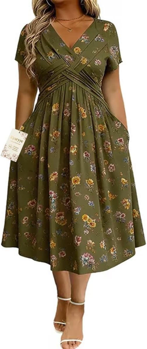2026 Women's V-Neck Floral Print Dress with Twist Waist and Side Pockets | Twist Front Dress Soft Floral Midi with V-Neck A-Line Skirt and Side Pockets for Brunch Vacations Parties and Everyday Wear