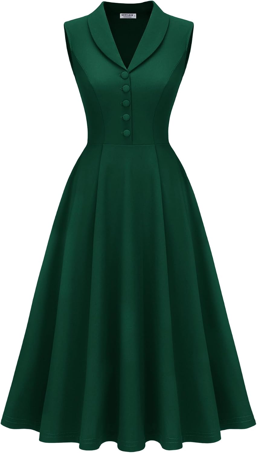 BeryLove Vintage 1950s Midi Cocktail Dresses for Women Wedding Guest Classy | Sleeveless Button Down Dress with Pockets, Notch Lapel, A-Line, Retro 1940s Style, Business Casual Wear, Tea Party, Prom