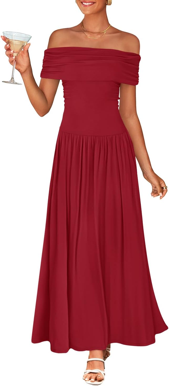 ZESICA Womens Off Shoulder A Line Wedding Guest Maxi Dress | Sleeveless, Slim Fit Swing Pleated, 2026 Summer Trendy, Formal Wedding Guest Cocktail Party, Work Graduation Date Night