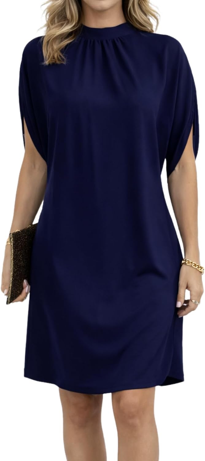 BPJZIM Women's Mock Neck Satin Mini Dress 2026 Short Sleeve Cocktail Dress | Elegant Satin Fabric, Relaxed Fit, Short Sleeves, Cocktail and Wedding Guest Wear, Spring Summer Occasions, Mini Length