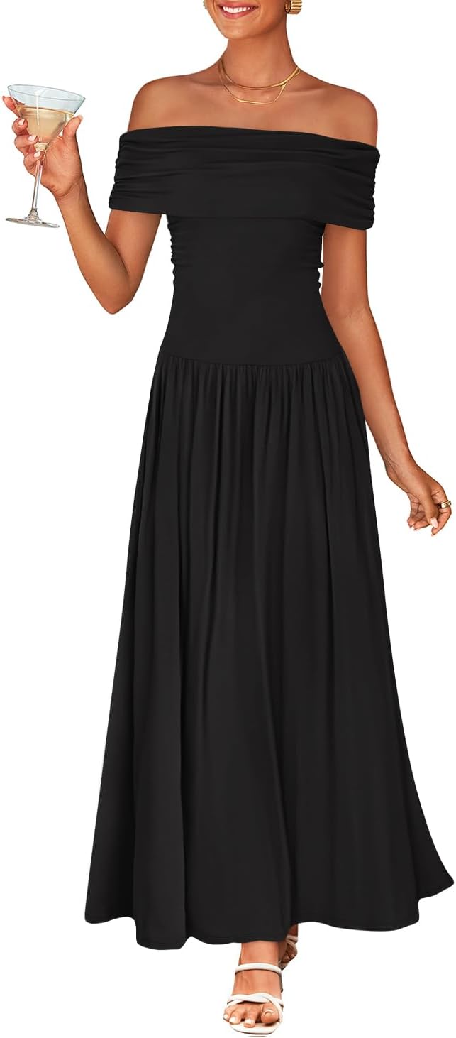 ZESICA Womens Off Shoulder A Line Wedding Guest Maxi Dress | Sleeveless, Slim Fit Swing Pleated, 2026 Summer Trendy, Formal Wedding Guest Cocktail Party, Work Graduation Date Night