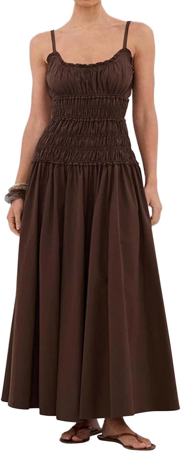 Eahusar Women Spaghetti Strap Maxi Dress Sleeveless Scoop Neck Ruffle Tiered Elastic Casual Boho Flowy Dress