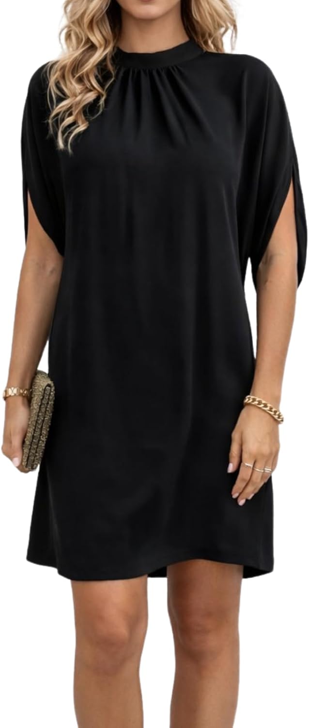 BPJZIM Women's Mock Neck Satin Mini Dress 2026 Short Sleeve Cocktail Dress | Elegant Satin Fabric, Relaxed Fit, Short Sleeves, Cocktail and Wedding Guest Wear, Spring Summer Occasions, Mini Length