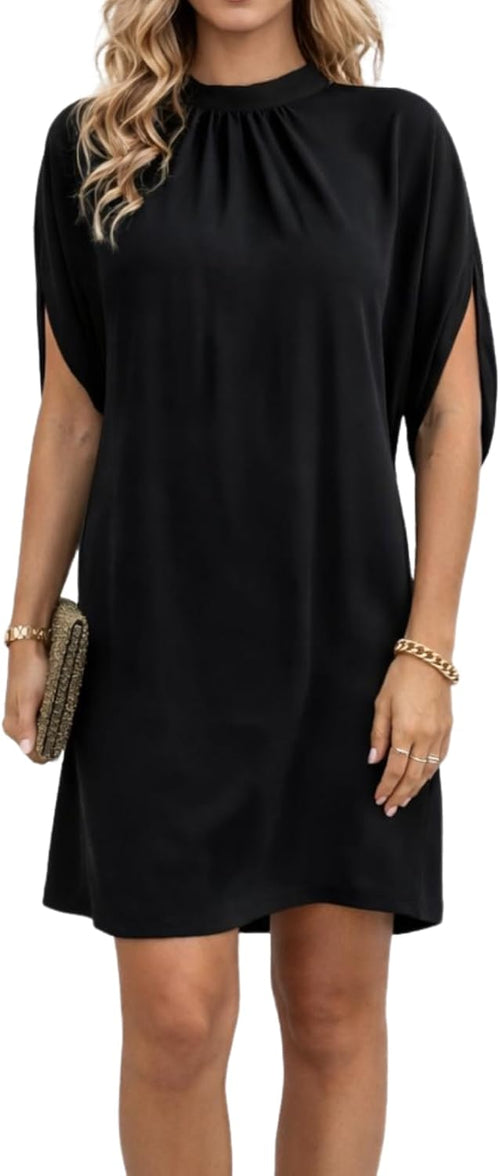 BPJZIM Women's Mock Neck Satin Mini Dress 2026 Short Sleeve Cocktail Dress | Elegant Satin Fabric, Relaxed Fit, Short Sleeves, Cocktail and Wedding Guest Wear, Spring Summer Occasions, Mini Length