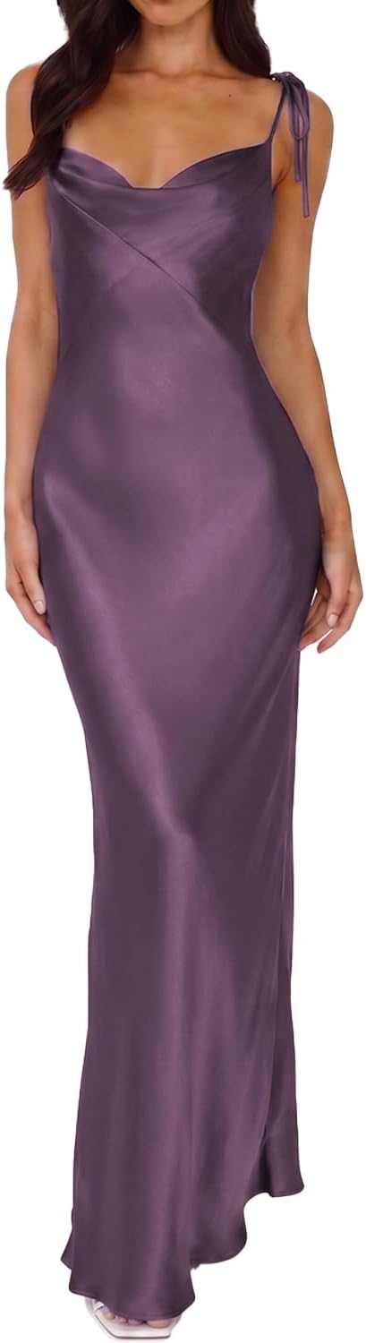 UEZOU 2026 Satin Cowl Neck Spaghetti Strap Maxi Dress for Women Bridesmaid | Silk,Tie Strap,Slip,Slit,Midi,Wedding Guest,Graduation,Elegant,Cocktail,Vacation,Party